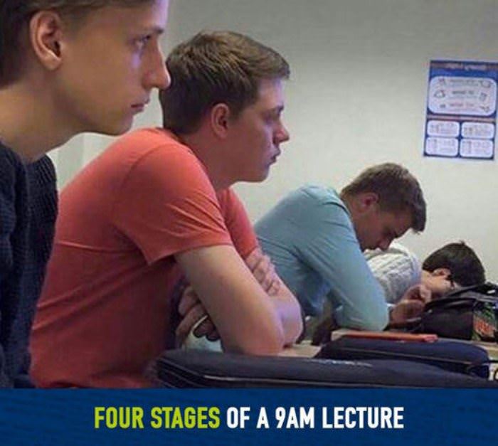 four stages of early morning lecture funny picture
