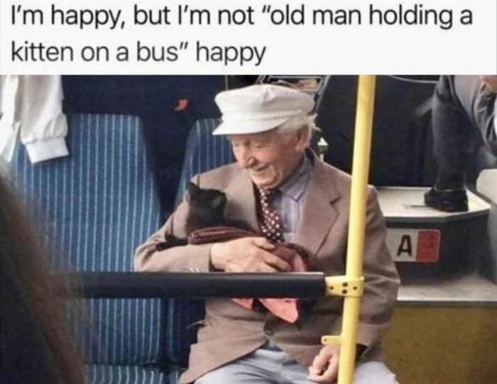 old man on a bus happy