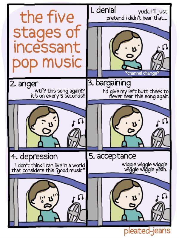5 stages of pop music funny picture