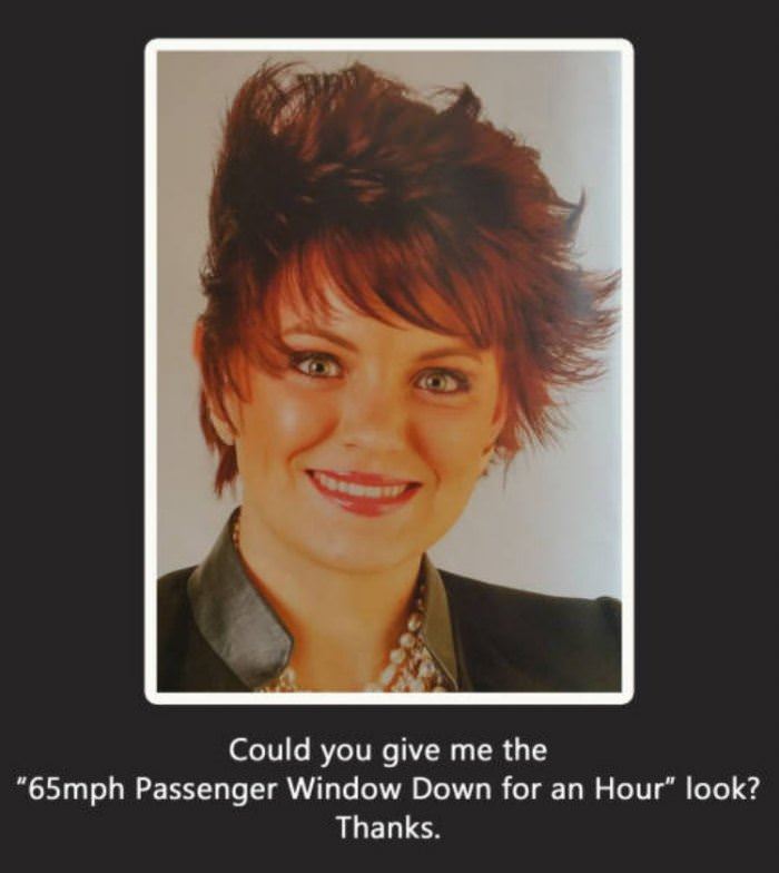 give me the 65 mph hair funny picture