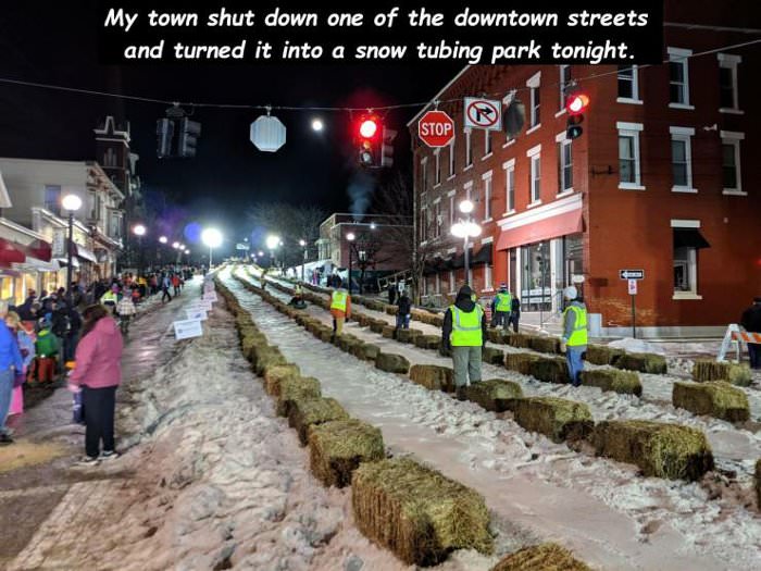 snow tubing in the streets